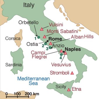 A map of Italy indicating where the researchers drilled for concrete