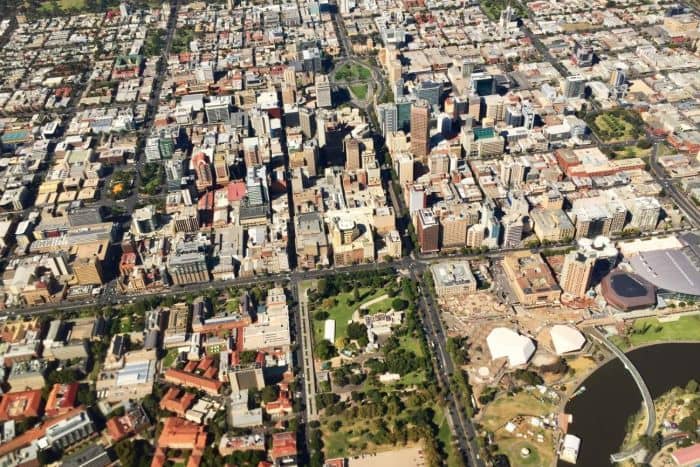 An aerial view of the Adelaide CBD streets and buildings.